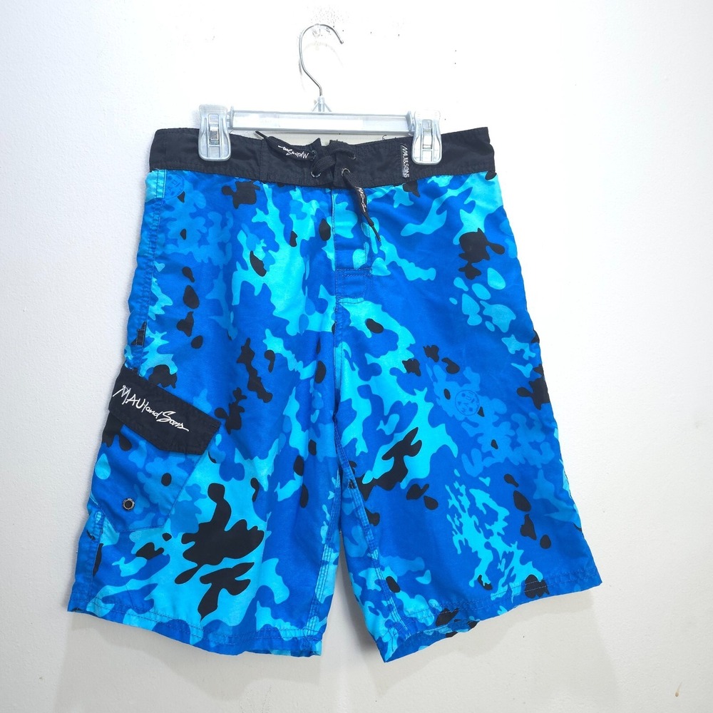 Maui And Sons Board Shorts Mens 30 Blue Floral Tie String Pockets Surf Striped